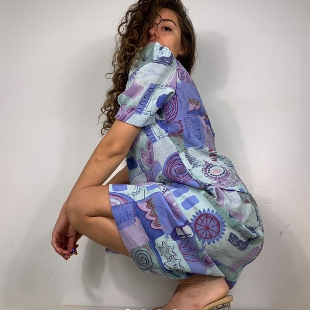 VINTAGE 80s LILIAC PASTEL BABY BLUE FUNKY PRINT SHORT SLEEVE BLOUSE LONG SKIRT